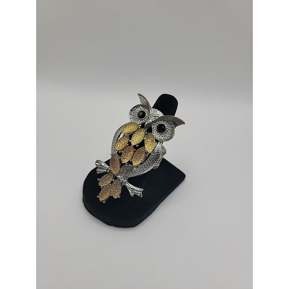Vintage Silver Tone Owl Stretch Ring Gold Tone Accents Whimsical Animal Jewelry - Picture 4 of 10